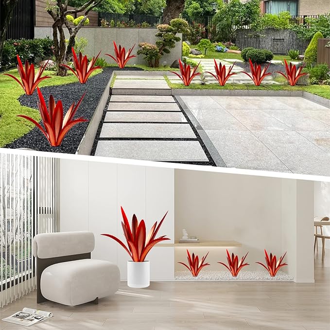 Enlarge Thickened Wind Resistant Metal Agave Garden Art Metal Plant Country Garden Sculpture Statue Outdoor Decoration Agave Metal Plant Courtyard Garden Lawn Ornament Gift (1, 12 Leaves red)