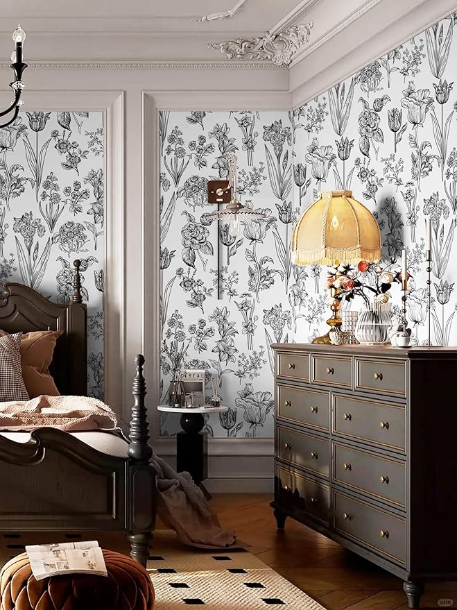 Dimoon 236"x17.3" Floral Peel and Stick Wallpaper White Contact Paper Waterproof Black Lines Wallpaper Vintage Flower Thicken Plant Self Adhesive Removable Wall Covering Shelf Liner Decal Vinyl Roll