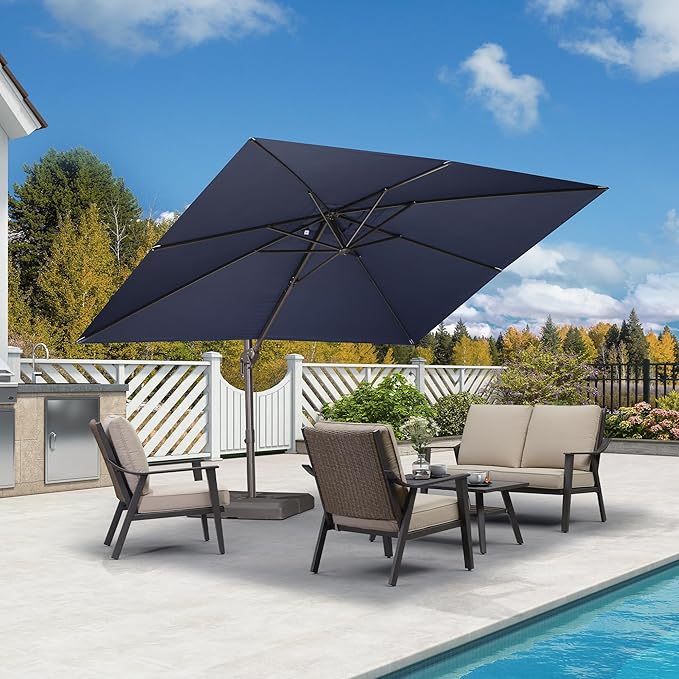 PURPLE LEAF 9' X 11.5' Rectangle Cantilever Umbrella Patio Umbrella Outdoor Aluminum Offset Hanging Umbrella with 360-degree Rotation for Pool Garden Backyard Deck, Navy Blue