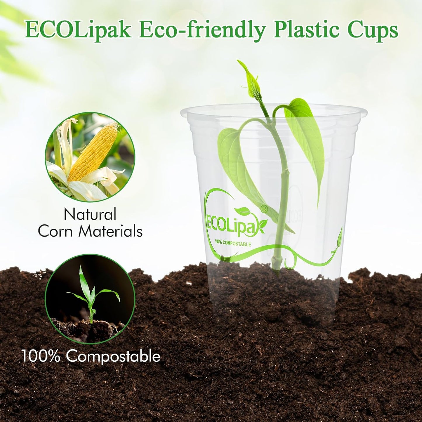 ECOLipak 1000 Count 12 OZ Clear Compostable Plastic Cups, Disposable Plant-Based Biodegradable Drinking Party Cups, PLA Plastic Cold Tumblers for Restaurant, Office, Canteen, Large Gathering
