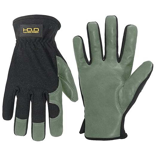 HLDD HANDLANDY Garden Gloves Men, Leather Utility Work Gloves for Gardening, Yardwork, Construction, Mechanics with Reinforced Palm, Green L
