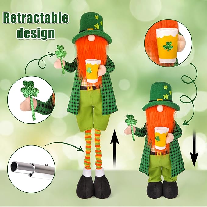 Large St Patricks Day Gnome Plush Decorations Outdoor, Cute Standing Saint Patricks Day Gnomes Gift Decor with Retractable Spring Legs, Placed Outside Yard/Porch/Garden/Indoor/Home/Office