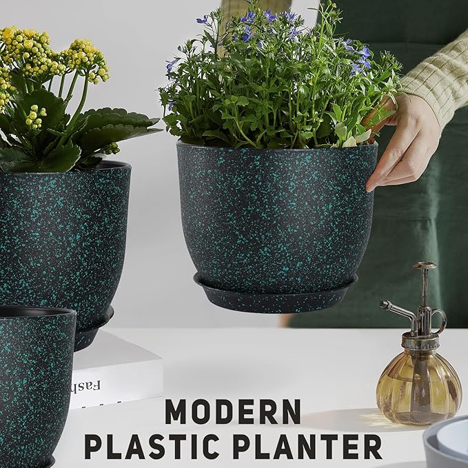 Plant Pots 10/9/8/7.5/7 inch Set of 5,Flower Pots with Multi Mesh Drainage Holes, Large Planters for Indoor Outdoor Garden Plants and Flowers. (Green Speckles)