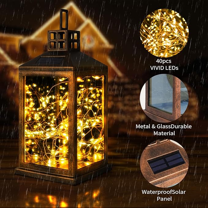 Solar Lantern Outdoor, Garden Hanging Lantern Solar Powered - Glass Waterproof Brushed Copper Solar Table Lantern Decorative Lights Flash and Steady-on Modes for Patio, Backyard, Garden