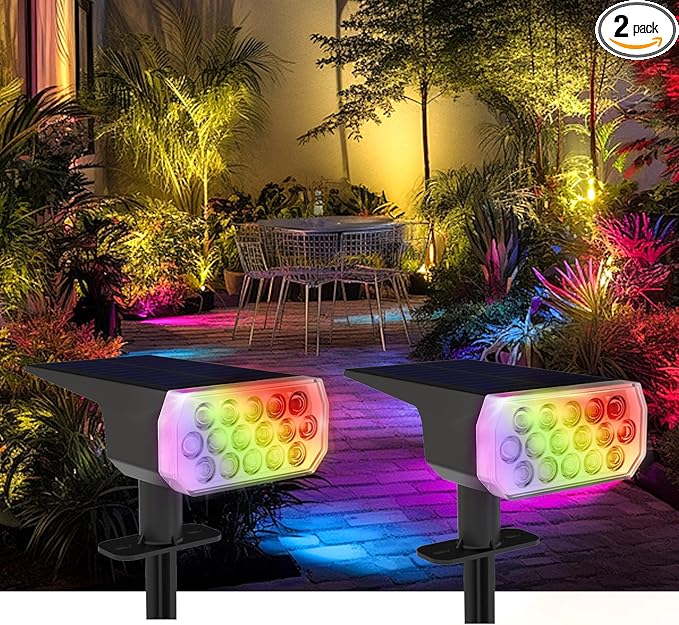 Solar Lights Outdoor Waterproof IP65, 8 Lighting Modes Multicolor Solar Spot Lights Outdoor, Landscape Spotlights for Garden Yard, 2 Pack RGB