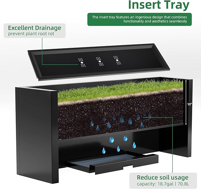 KOL Galvanized Steel Rectangular Planter Box, (16''H.x12''W.x36''L) Large Planters for Indoor Outdoor Plants,Black Powder Coated Metal Planter, Heavy Duty Modern Flower Pot, Commercial & Residential