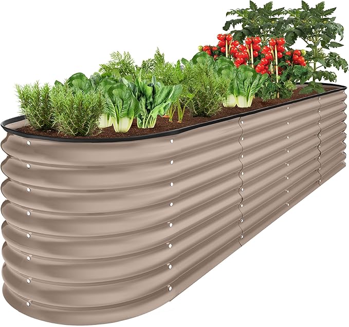 Best Choice Products 8x2x2ft Metal Raised Garden Bed, Oval Outdoor Deep Root Planter Box for Vegetables, Herbs w/ 4 Support Bars, 215 Gal Capacity - Taupe