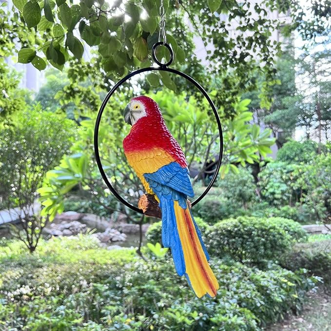 Lifelike Parrot Garden Statues Hanging Decor Ornaments Figurines Sculpture for Patio Lawn Yard, Blue Tail (Blue Tail)