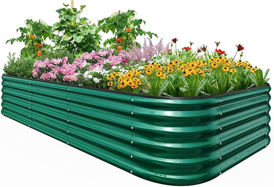 Quictent Galvanized Raised Garden Bed Kit, 8x4x1.5 ft Oval Metal Planter Box Tall for Vegetables Outdoor Backyard, Rubber Strip Edging Included (Dark Green)