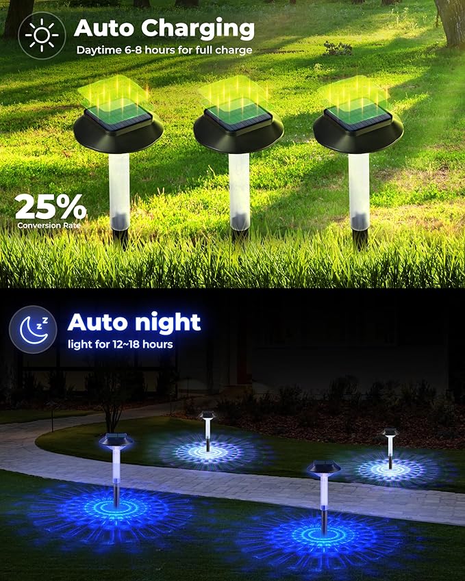 Color Changing Solar Pathway Lights - 6 Pack IP68 Waterproof Outdoor Solar Lights with 7 RGB Lighting Modes for Yard, Garden, Walkway, Pathway, Backyard, Lawn, Landscape Decoration