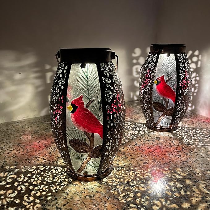 2PCS Cardinal Solar Lanterns Glass & Metal Hanging Light Outdoor Waterproof 16" H Tabletop Lamp with Hollowed-Out Design with Shepherd's Hooks for Garden Patio Table Decor