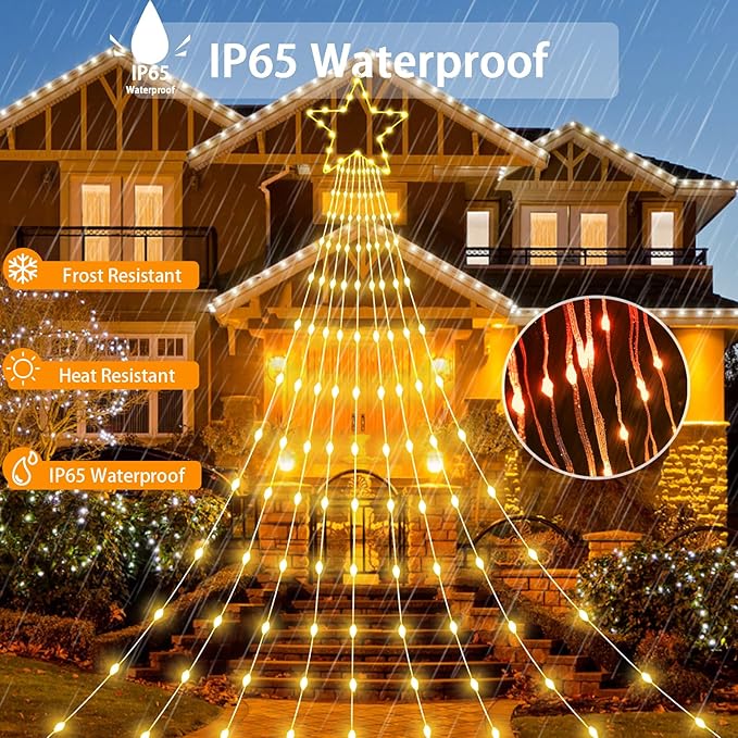 Outdoor Christmas Decorations Lights, 344 LEDs Color Changing Smart Waterfall Christmas Tree Lights with Remote & Sync Music, LED String Lights Outdoor Waterproof for Party Wedding Xmas Decor (12FT)