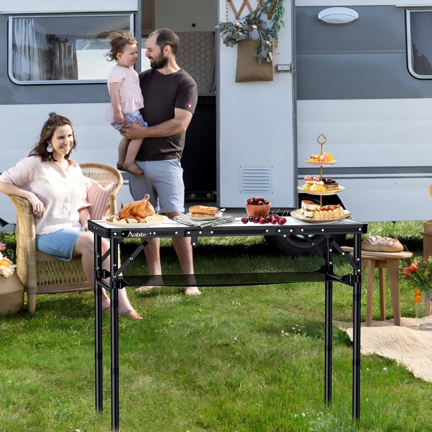 Folding Camping Table, Aluminum Small Folding Table 3 Adjustable Height Max 27.5", Portable Table with Carry Handle, Lightweight, for Outdoor Indoor Travel Camping Picnic BBQ, 34.6" x 15.7"