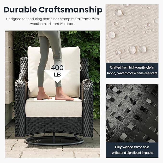 3 Pieces Outdoor Patio Furniture Sets with Single Chairs with 6-inch Thick Cushion and Side Table for Deck Lawn