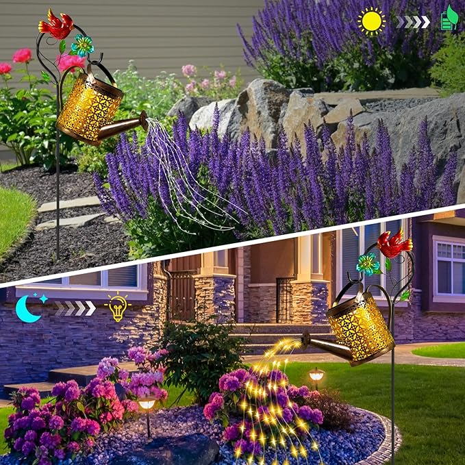 Solar Metal Watering Can with Cardinal Shepherd Hook and Cascading Lights - Outdoor Solar Lantern for Garden, Yard, Patio - Christmas Decor and Gardening Gifts for Women