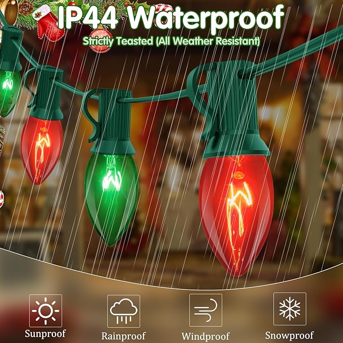 25ft Red and Green Outdoor Christmas Lights,C9 Vintage Christmas String Lights With 26 Red Green Bulbs(1 Spare),Waterproof Hanging Christmas Lights for Roofline Christmas Tree Backyard Decor