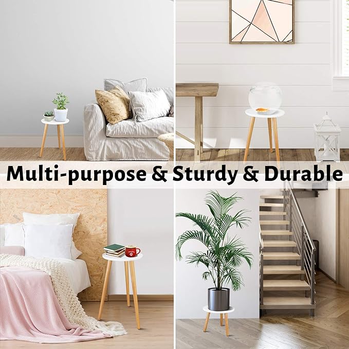 Uneedem Indoor Plant Stand - Mid Century Wooden Plant Table, Tall Holder for Flower Pots, Small Round End Table (A3-White, High: 20.5")