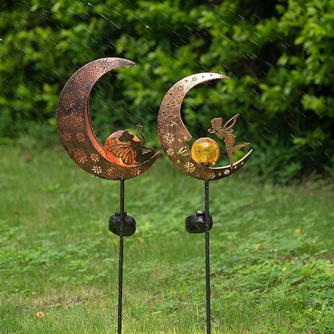 TERESA'S COLLECTIONS 2pcs Fairy Moon Lights Solar for Garden Decor Outside, Metal Yard Art Lawn Ornaments with Crackle Glass Ball, Angel Decorative Stake for Patio Porch Decor, Gifts for Grandma Mom
