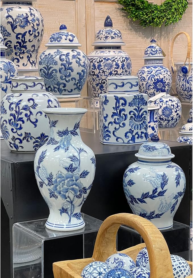 Galt International Blue and White Floral Chinoiserie Ceramic Vase 14" - Hand Painted Antique Style Porcelain Flower Bottle Fishtail Porcelain Chinese Vase for Home Decor Centerpiece