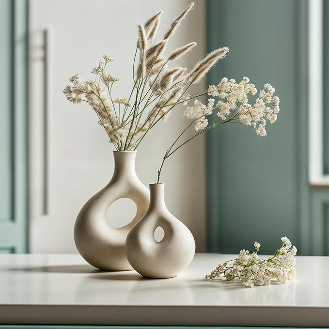 NOBULA White Ceramic Donut Vases – Modern Home Decor for Living Room, Bedroom & Table Centerpiece - Minimalist Nordic – Unique Vases for Olive Plant & Flowers – Decorative Coffee Table Vase Set of 2