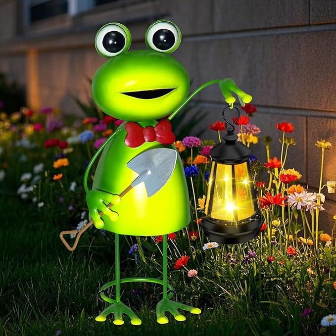 Solar Garden Lights Frog Statue with Solar Lantern lights,13.78in Frog Decoration Fairy Accessories,Birthday Gifts for Women Mom Grandma,Big Metal Decorative Stakes for Home decor,Patio,Porch,Yard Art