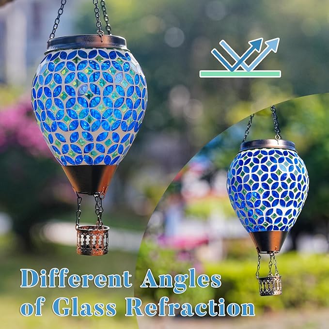 Mosaic Hot Air Balloon Solar Lantern with Flickering Flame, Blue Mosaic Hanging Solar Lantern Lights Outdoor Waterproof for Garden Patio Gifts for Women Mom Grandma