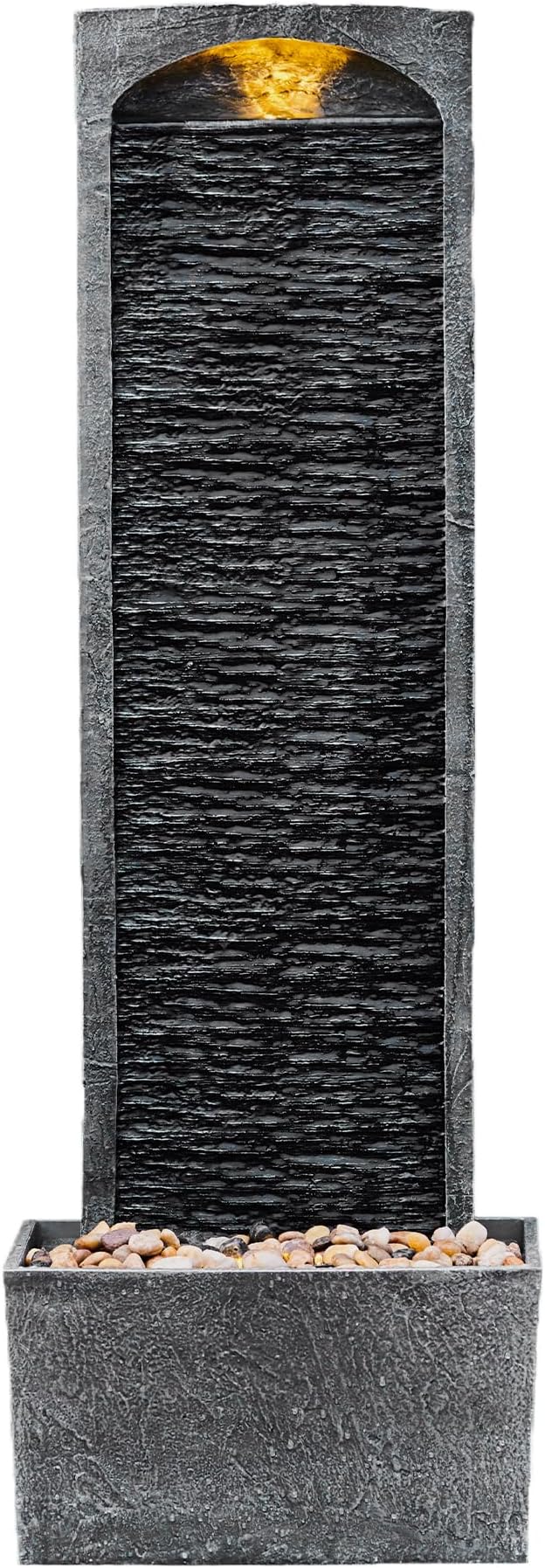 Teamson Home 38.5" Faux Slate Contemporary Outdoor LED Waterfall Fountain with Pebble Base, Gray/Black