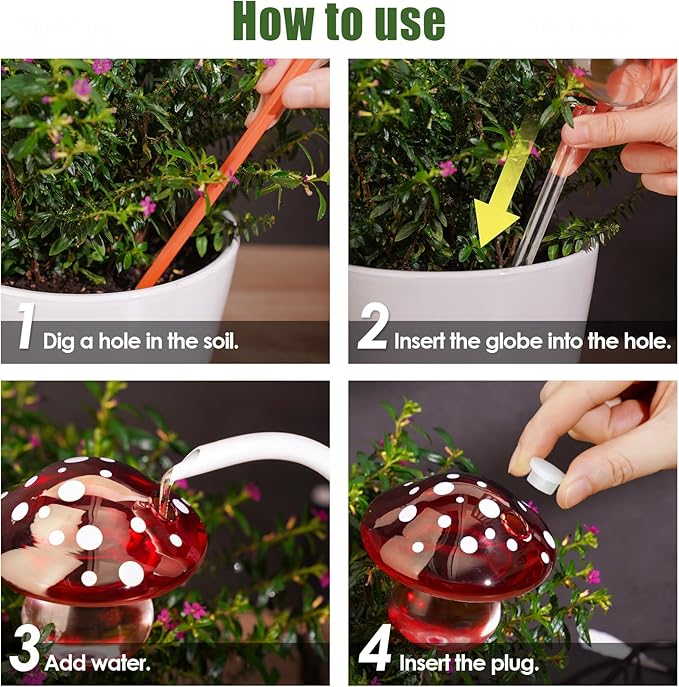 NiHome Glass Mushroom Plant Self Watering Globe Set of 3 Colors, Durable Hand-Blown Glass Bulbs Automatic Home Plant Hydration System for up to 3 Weeks, Easy Refill Design with Adjustable Flow Rate