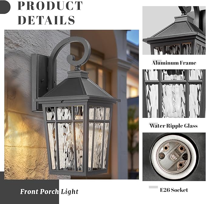 Porch Lights Outdoor Waterproof Exterior Lighting Fixtures 18 Inch Large Size Aluminum Outdoor Wall Lights with Water Ripple Glass E26 Socket