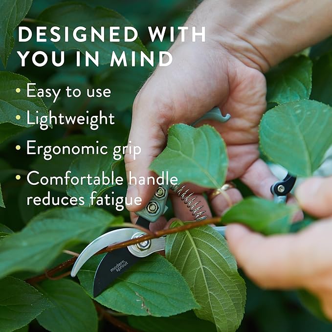 Modern Sprout Hand Pruners - Lightweight Pruning Shears W/Easy Lock- Gardening Scissors - Bypass Sharp Carbon Steel Blade - Rust Resistant - Garden Tools - Reusable Holster - Sage