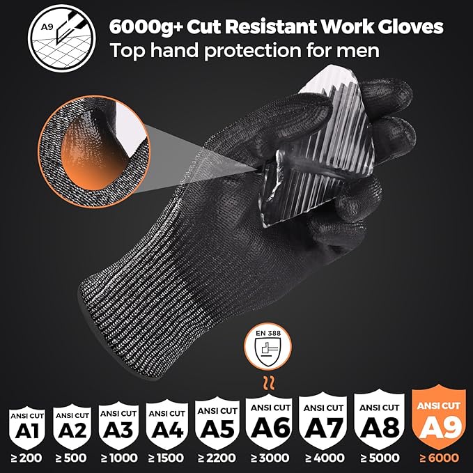 Donfri 3 Pairs A9 Cut Resistant Work Gloves for Men - Steel + HPPE Hybrid Safety Gloves for Men, ANSI Cut Level 9 Protection Flexible for Metal Glass Wood Construction Fishing