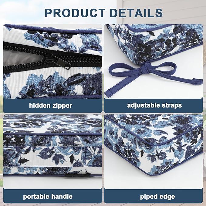 Favoyard Outdoor Chair Cushion 22 x 22 x 3 In Waterproof Pattern Fade Resistant Cushions for Patio Furniture with Removable Cover Attach Straps 28D Foam Insert Cushions Pads for Seat Sofa Couch 2 Pack