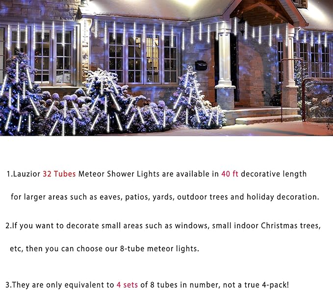 Christmas Decoration Outdoors- 32 Tubes (Equivalent to 4 Sets of 8-Tubes) Meteor Shower Rain Lights, White Falling Rain Lights for Christmas Decor Xmas Tree Halloween Yard Wedding Party, UL Plug