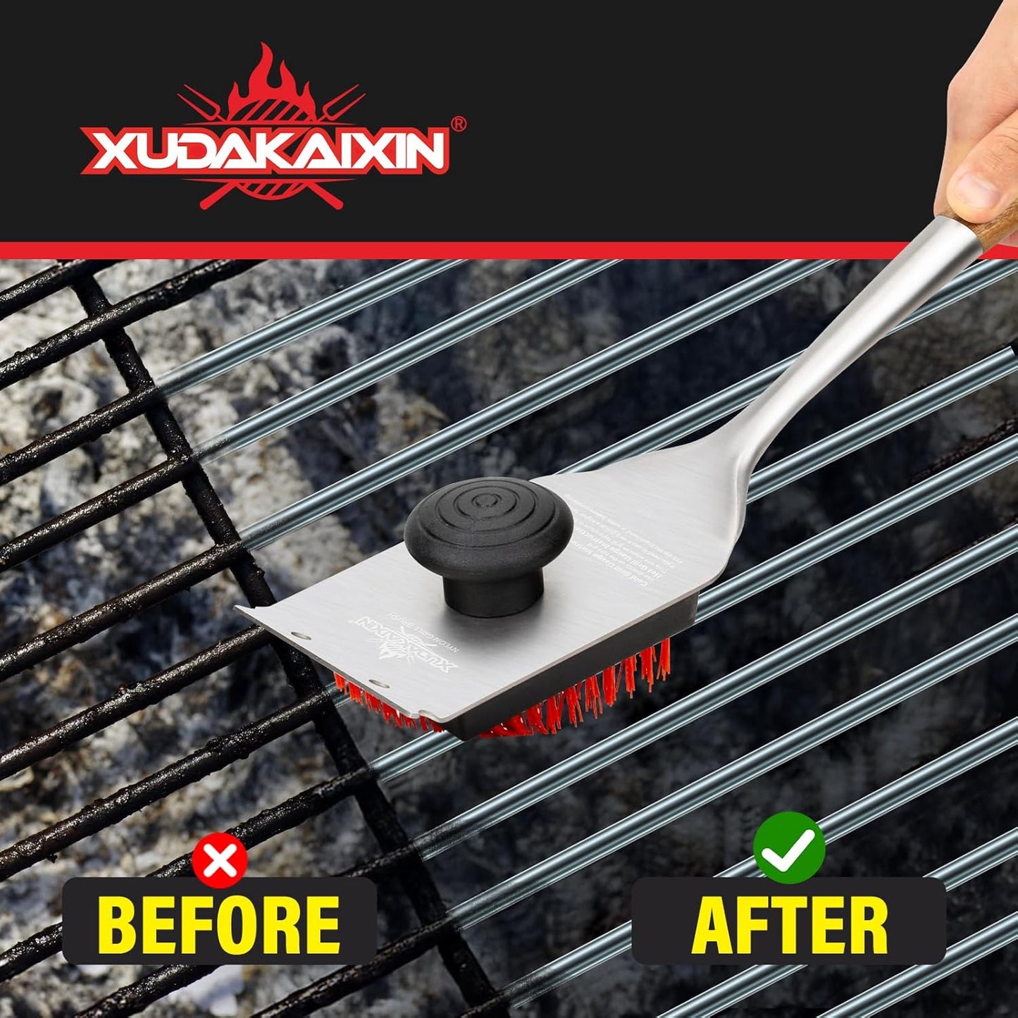 Grill Brush and Scraper, Dual Grip Design,Extra Strong BBQ Cleaner Accessories,Safe Nylon Bristles Barbecue Triple Scrubbers Cleaning Brush for Cast Iron Grates/Porcelain/Charcoal Grill