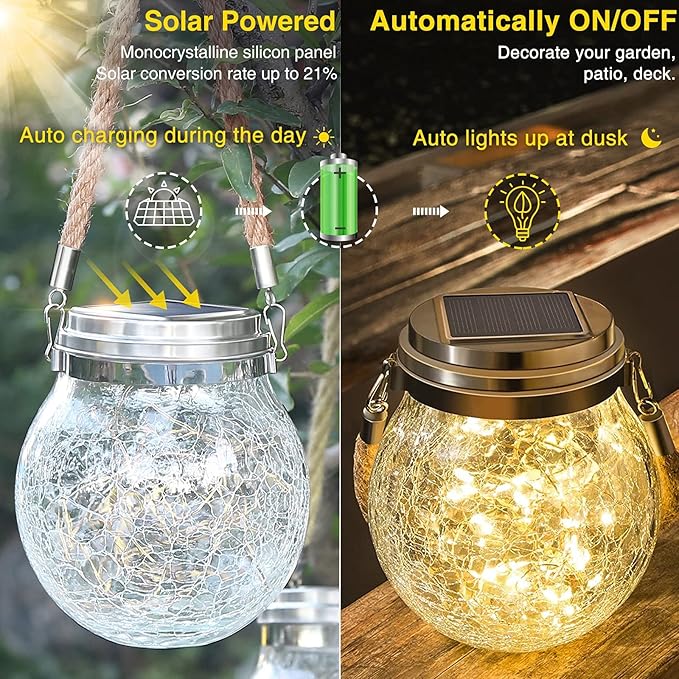 ROSHWEY Solar Lantern, 2 Pack Garden Decor Lights Waterproof Outdoor Lanterns with 30 LED Solar Lights Patio Hanging Lights for Backyard Fence Pathway Porch Christmas Decorative, Warm White