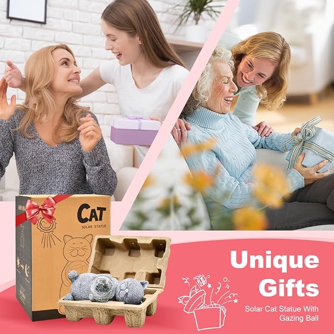 Solar Cat Statue Garden Decor - Cat Lover Gifts, with Gazing Solar LED Lights Ball Cat Decoration for Garden Yard Patio Lawn Balcony - Gifts for Mom Grandma (Gray Cat)