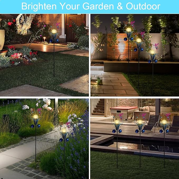 VCUTEKA Solar Lights Outdoor Metal Garden Stake Waterproof Crackle Glass Globe Garden Decor Fairy for Pathway, Lawn, Patio, Yard