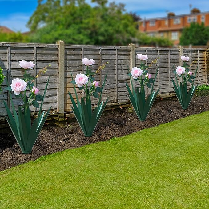 Large Tequila Rustic Sculpture, Home Decor Hand Painted Metal Agave Garden Yard Statue, Outdoor Lawn Ornaments (2 Big Flowers)