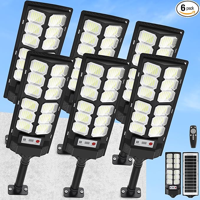Solar Lights Outdoor Waterproof, 6500K 13000LM LED Dusk to Dawn Solar Street Light, Solar-Powered Flood Lights with Motion Sensor and Remote Control, Solares Parking Lot Light for Yard Walkway, 6-Pack