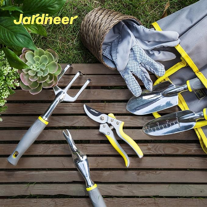 Jardineer Garden Tools Set, 8PCS Heavy Duty Garden Tool Kit with Outdoor Hand Tools, Garden Gloves and Storage Tote Bag, Gardening Tools Gifts for Women and Men