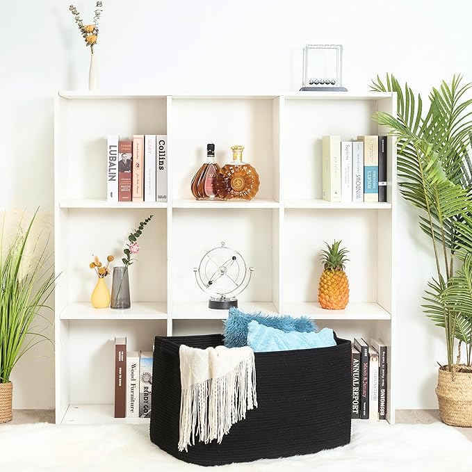 MINTWOOD Design 22in Extra Large Blanket Basket Holder Living Room, Rectangle Rope Woven Storage Basket with Handles for Laundry, Pool Towels, and Shoes, Dog Toy Organizer Bin Box, Full Black