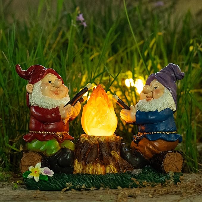 mopha Solar Garden Gnomes Statues Outdoor Christmas Flame Lights Decor, Resin Gifts Figurines Outside Decoration Ornaments Clearance Gardening Decoration