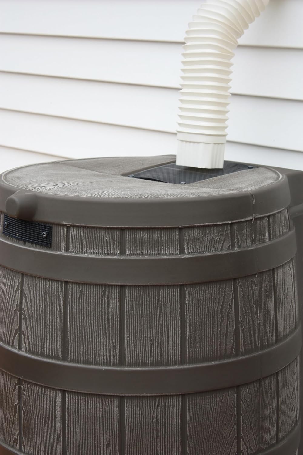 Good Ideas Rain Wizard Water Collection Plastic Barrel, Oak, 50 Gallon - Linkable Flat-Back Faux Wood Rainwater Catcher Storage Drum w/ Robust Metal Spigot & Fine Mesh Screen