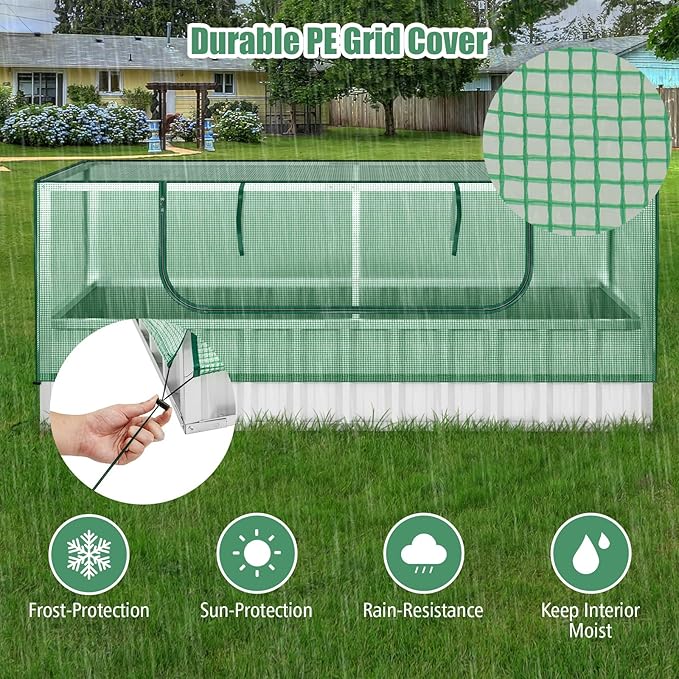 S AFSTAR Galvanized Raised Garden Bed with Greenhouse, 69” x 36” x 28” Bottomless Flower Bed w/Large Roll-up Window, 8PCS T Tags & Gloves, Outdoor Rectangular Planter Box Kit for Herb Vegetable Fruit