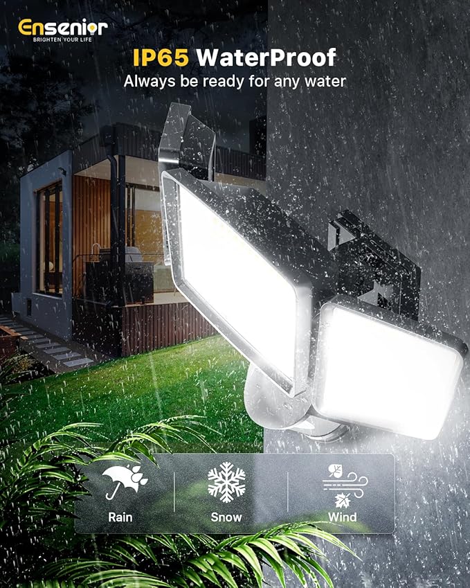Ensenior 5 Motion Sensor Modes Solar Security Light, 1800LM 270° Wide Angle 3 Heads LED Flood Lights, IP65 Waterproof Wall Lights, Separate Solar Panel Remote Control Solar Lights Outdoor