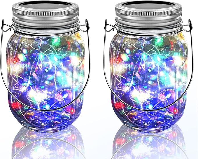 Hanging Solar Mason Jar Lights,ZQX 2 Pack 20 Led String Hanging Mason Jar Lanterns for Outdoor,Great Decor Light for Outside Patio Garden Yard Fence Wedding Table,Hangers and Jars Included（Multicolor）