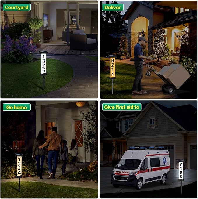 DBF Solar Address Sign, Dual-Sided House Numbers for Outside Waterproof, 3 Colors LED Illuminated Solar Powered Address Plaque with stakes, Outdoor House Number for Home Yard Garden Street