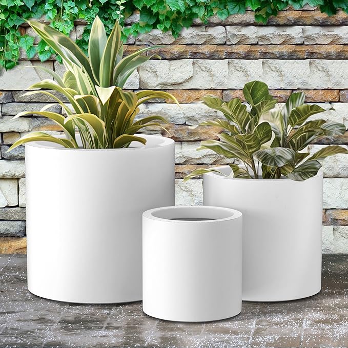 Kante RC0119ABC-C80011 Set of 3 Lightweight Concrete Modern Cylinder Outdoor Planters, 15.8, 12.9 and 9.8 Inch Diameter, Pure White