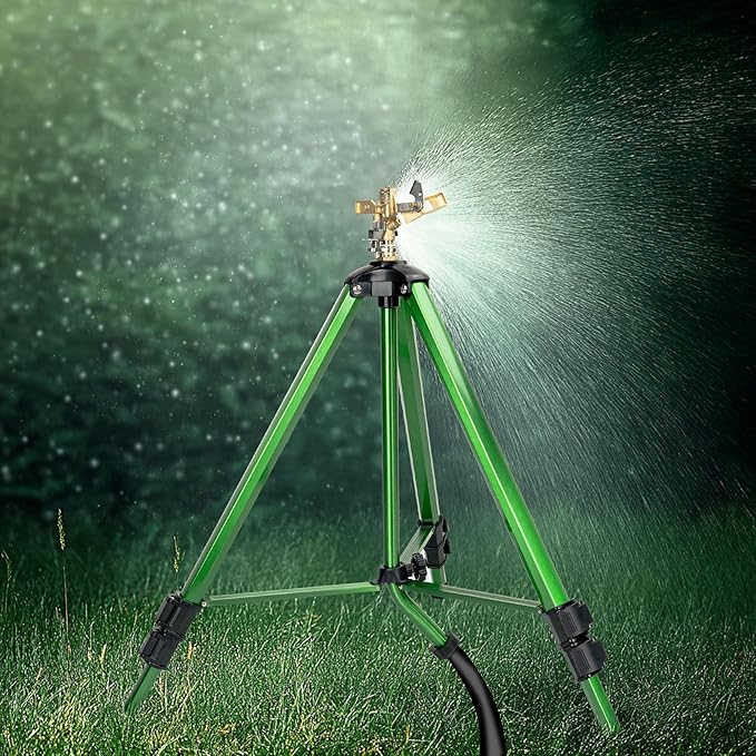 Impact Sprinkler on Tripod Base, Heavy Duty Adjustable Zinc Sprinkler Head for Lawn Yard Garden, 360 Degree Large Area Irrigation, 3/4" Connector Extension Legs Flip Locks