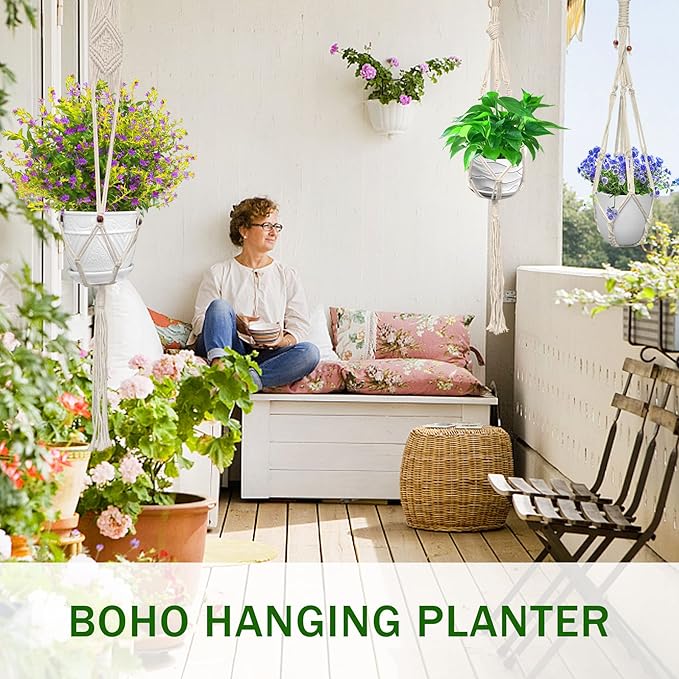 IGaiety Macrame Plant Hanger,7 Pack Plant Hanger Indoor Hanging Macrame Planters with 7Pcs Ceiling and S Hooks-Handmade Macromay Plant Hanger Outdoor Macrame Plant Holder for Boho Home Decor